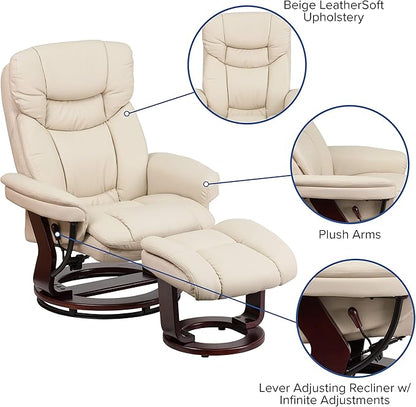 Flash Furniture Allie LeatherSoft Upholstered Recliner with Ottoman Footrest, Padded Swiveling Recliner Chair and Ottoman Set, Beige