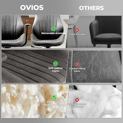 ovios Home Office Ergonomic Chair, Mid-Century Modern Luxury Faux Suede Leather Chairs, Comfy High Back Computer Swivel Rolling Task Armchair for Executive, Grey