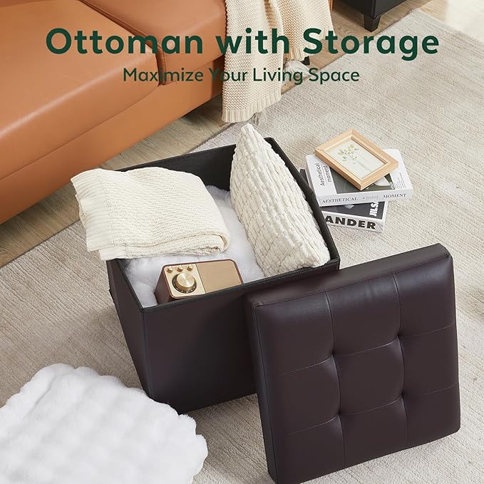 17.7" Ottoman with Storage, Square Storage Ottoman for Dorm, Faux Leather Ottomans with Legs for Living Room, Bedroom, Brown
