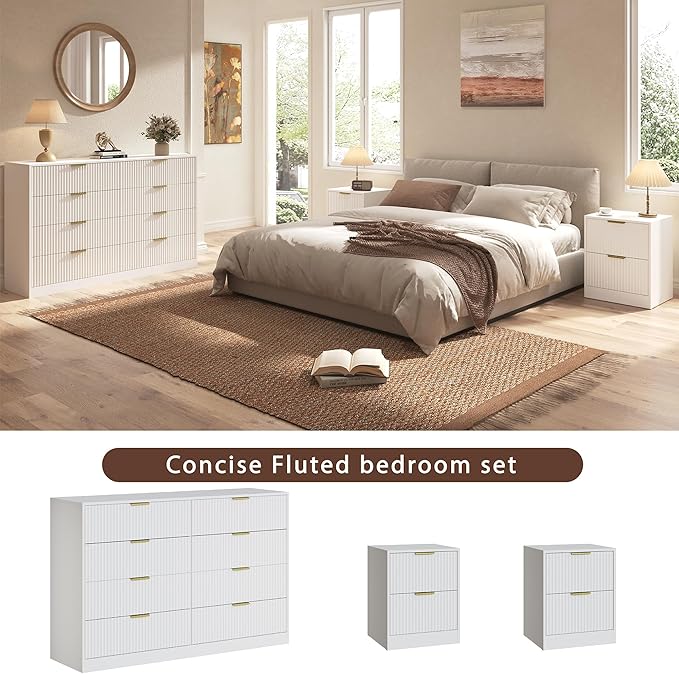 3-Piece Modern Bedroom Furniture Set, Wide 8-Drawer Dresser & 2-Drawer Nightstands Set of 2, Natural Wood Dresser and Nightstand Sets for Bedroom, Hallway, White