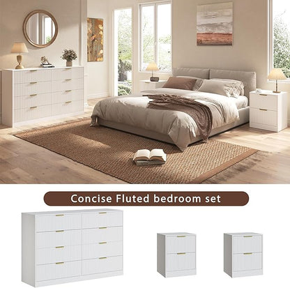 3-Piece Modern Bedroom Furniture Set, Wide 8-Drawer Dresser & 2-Drawer Nightstands Set of 2, Natural Wood Dresser and Nightstand Sets for Bedroom, Hallway, White