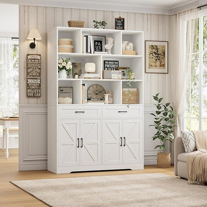 HOSTACK 71" Tall Bookcase with Drawers and Doors, 47" Wide Book Shelf and Bookcase with Storage, 6 Tier Large Book Storage Cabinet with 14" Deep Display Shelves for Living Room, Home Office, White