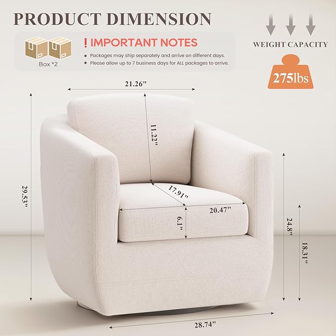 COLAMY 360° Swivel Accent Chair Set of 2 with Pillow, Living Room Armchair No-Sag Foam & Sturdy Metal Base, Fully Assembled Swivel Single Sofa for Bedroom Living Room, Reading Room, Beige