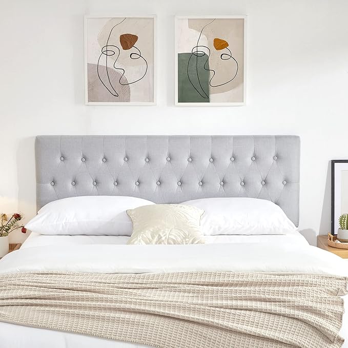 Kingfun Upholstered Tufted Twin Bed Headboard in Modern Button Design, Adjustable Solid Wood Head Board, Premium Linen Fabric Padded Headboards in Bedroom, Grey