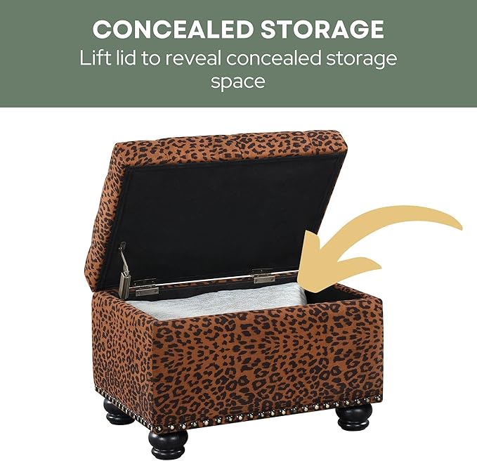 Convenience Concepts Designs4Comfort 5th Avenue Upholstered Storage Ottoman 24" - Contemporary Foot Stool and Seat with Hinged Lid for Living Room, Dining Room, Office, Forest Leopard Print Fabric