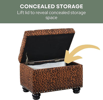 Convenience Concepts Designs4Comfort 5th Avenue Upholstered Storage Ottoman 24" - Contemporary Foot Stool and Seat with Hinged Lid for Living Room, Dining Room, Office, Forest Leopard Print Fabric