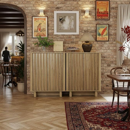 LukeAlon Fluted Sideboard Cabinet with Storage, 70" Farmhouse Boho Accent Buffet Cabinet, Wooden Credenza Cabinets for Living Room Dining Room Entryway Hallway, Natural Wood Color