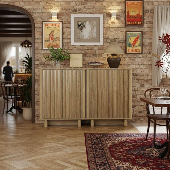 LukeAlon Fluted Sideboard Cabinet with Storage, Farmhouse Boho Accent Buffet Cabinet, 31.5" Height Wooden Small Credenza Cabinets for Living Room Dining Room Entryway Hallway, Natural Wood Color