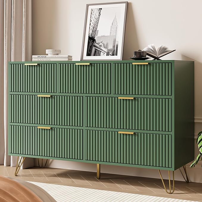 Green Dresser for Bedroom, 7 Drawer Dresser with Gold Pulls, Wide Chest of Drawers for Bedroom, Entryway, 47.2" L x 15.7" D x 31.4" H