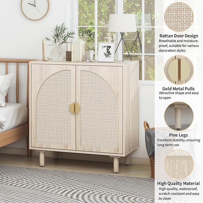 Beige Sideboard Cabinet with 2 Rattan Doors, Rattan Buffet Cabinet with Adjustable Shelves & Pine Legs, Boho Sideboard Buffet for Living Room, Kitchen, Entryway (Beige,1 PCS)