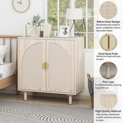 Beige Sideboard Cabinet with 2 Rattan Doors, Rattan Buffet Cabinet with Adjustable Shelves & Pine Legs, Boho Sideboard Buffet for Living Room, Kitchen, Entryway (Beige,1 PCS)