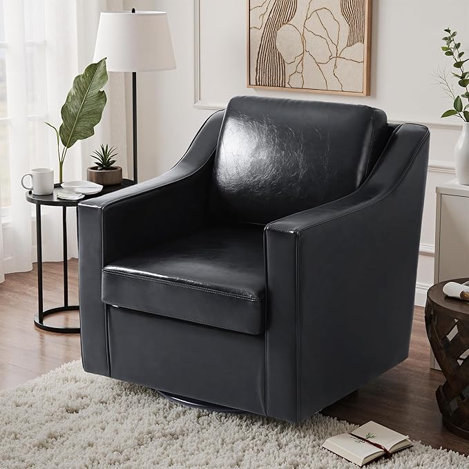 UIXE Faux Leather Swivel Accent Chair, Upholstered Arm Chair for Living Room, Modern Club Armchair Comfy Single Sofa Bedroom Reading Seat with Lumbar Pillow - Black