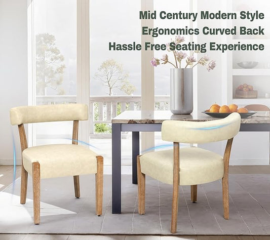 Modern Dining Chairs Set of 2, Faux Leather Upholstered Kitchen & Dining Room Chairs, Mid Century Modern Wooden Dining Chairs Oversized Sturdy Rounded Chairs Curved Back, Beige