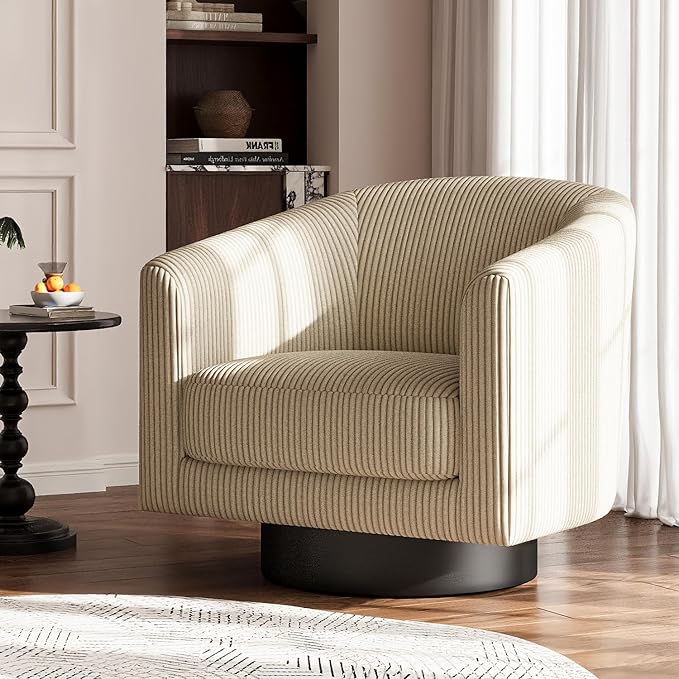 360° Swivel Accent Chairs, Modern Bucket Chair, Corduroy Barrel Armchair, Comfy Boucle Chair, Single Sofa for Living Room Bedroom. Camel