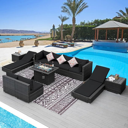 NICESOUL 11 Piece Outdoor Patio Conversation Set with Fire Pit Natural Gas/Propane, 29.3'' High Back Sectional Furniture w/Chaise Lounge, Deep Large Seating Sofa Couch, 2 Color Cushion Black & Gray