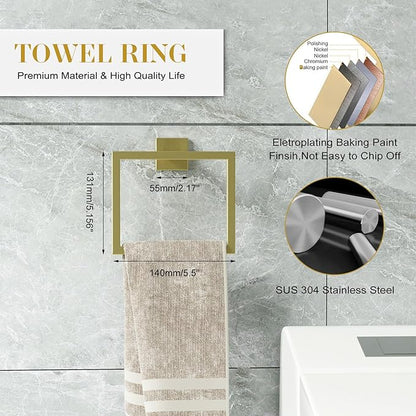 Bathroom Accessory Towel Bar Set: 10 Pieces Gold Square Bathroom Hardware SUS304 Stainless Steel - 24 Inch Wall Mounted Towel Rack&Toilet Paper Holder&Towel Ring and Towel Hook