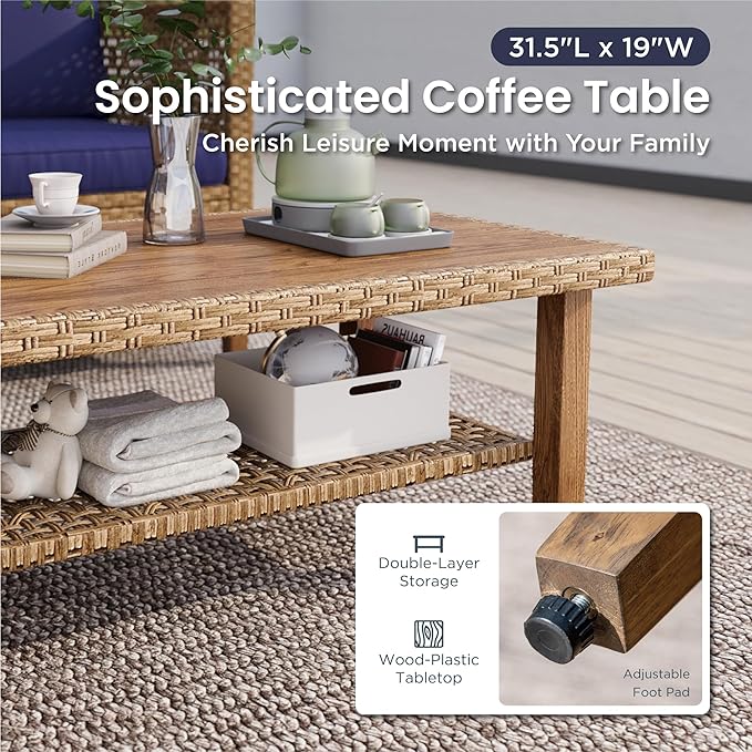 PHI VILLA Wicker Patio Furniture Set, 6 Seats Sectional Outdoor Sofa with Cushions and Acacia Wood Coffee Table, Patio Conversation Set for Garden, Backyard or Balcony, Navy Blue