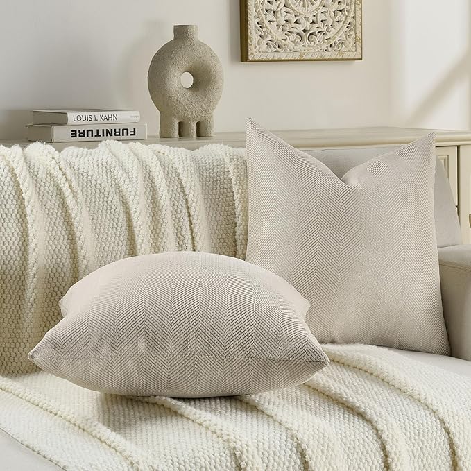 FUTEI Beige Chenille Throw Pillow Covers 18x18 Inch Set of 2,Soft Wide Chevron Textured Cushion Case,Farmhouse Home Decor for Couch Bed Living Room