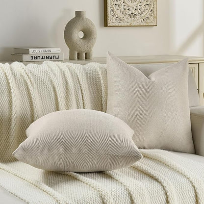 FUTEI Beige Chenille Throw Pillow Covers 22x22 Inch Set of 2,Soft Wide Chevron Textured Cushion Case,Farmhouse Home Decor for Couch Bed Living Room