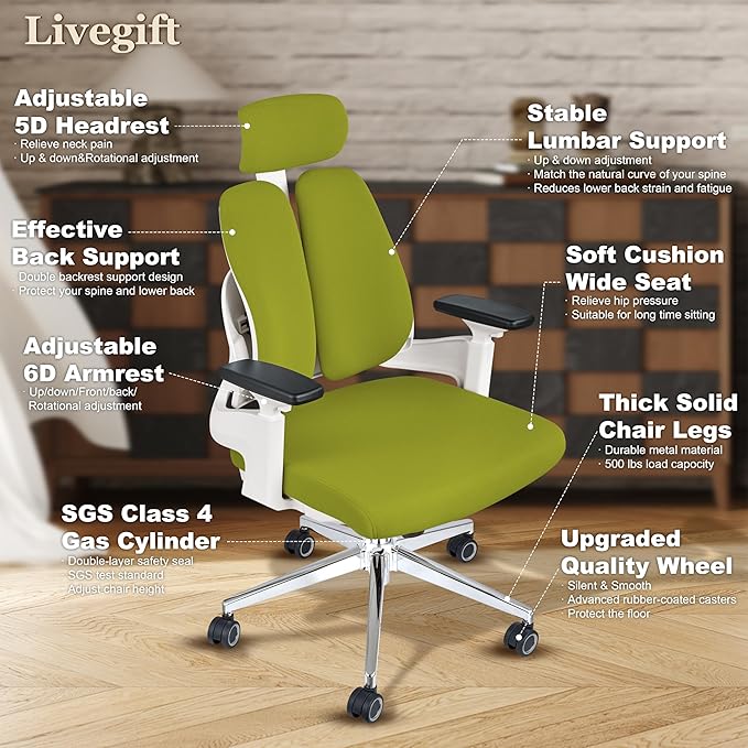 Ergonomic Office Chair Big and Tall Desk Chair, Dual-backrest Computer Chair with 3D Adjustable Arms and Lumbar Support, 500lbs Extra Wide Seat, for Home & Office Use,Green