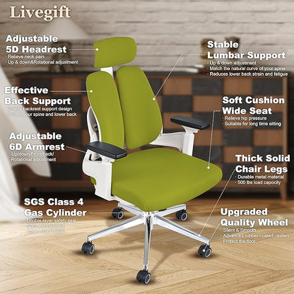 Ergonomic Office Chair Big and Tall Desk Chair, Dual-backrest Computer Chair with 3D Adjustable Arms and Lumbar Support, 500lbs Extra Wide Seat, for Home & Office Use,Green