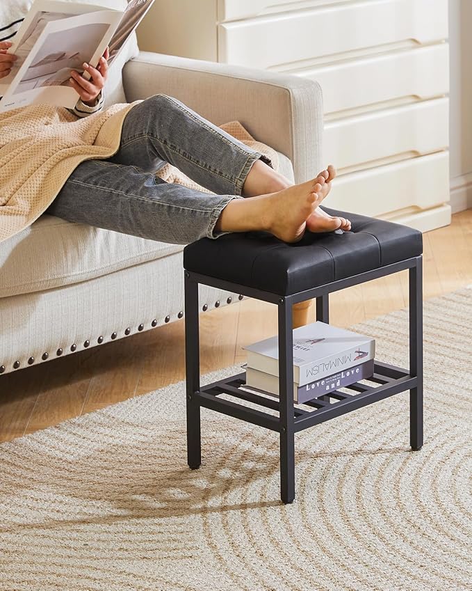 IBUYKE Rectangular Makeup Stool with Adjustable Feet and Storage Space, Footrest Chair, PU Vanity Seat, Multi-Use as Small Side Table or Ottoman, for Bedroom, Black WBD017B