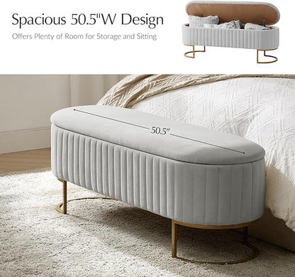 EcoHarbor Living 50.5" Velvet Bedroom Storage Bench Ottoman, Upholstered End of Bed Bench with Gold Legs,Entryway Footrest Seat, Dove