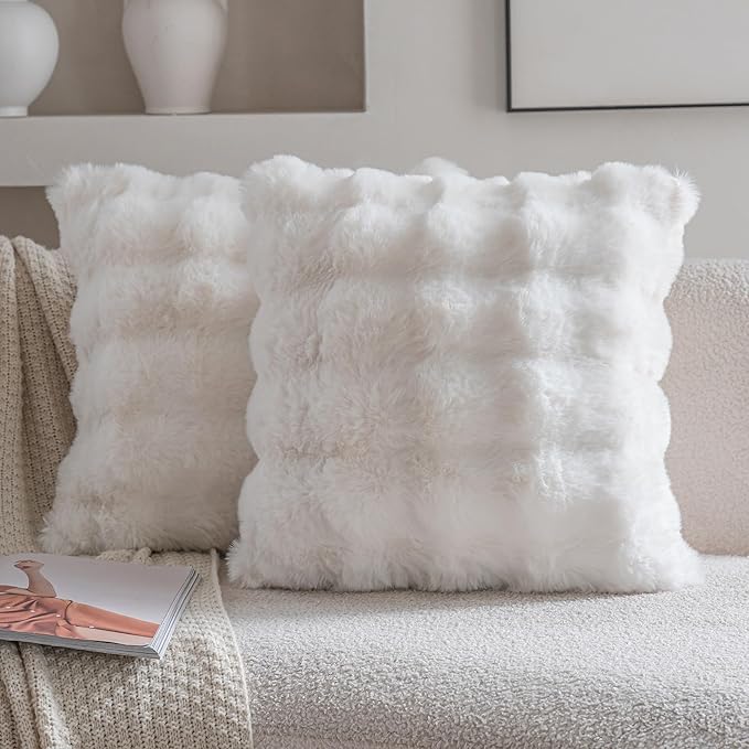 Neelvin Cream White Faux Fur Cozy Soft Double-Sided Decorative Throw Pillow Covers 22x22 inch Set of 2,Velvet Pillowcase Cushion Case for Sofa Couch