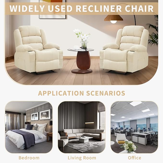 Large Recliner Chair for Adults Overstuffed Fabric Manual Pull Tab Recliner with Cup Holders, Side Pocket, 3-Position Recline, Minimalist Style Single Sofa Chair for Living Room Bedroom, Beige