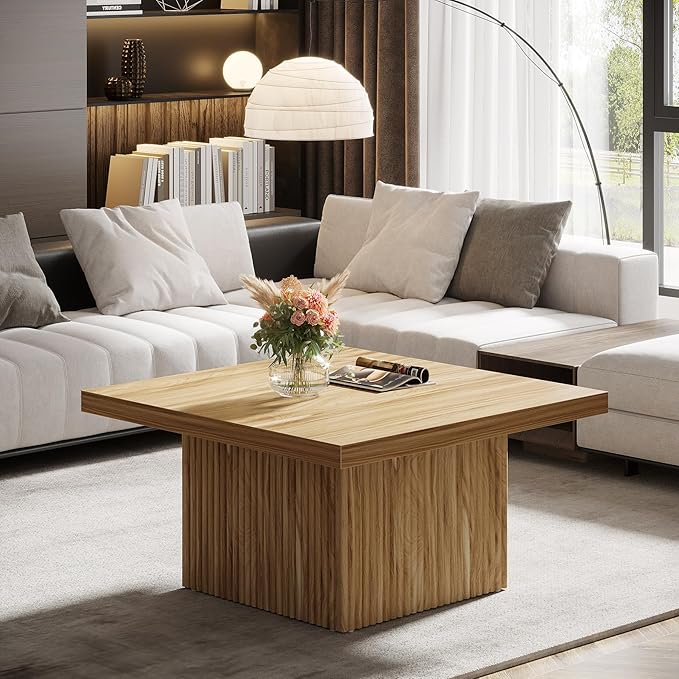 Tribesigns Square Coffee Table, 31.5-Inch Fluted Coffee Table, Mid-Century Modern Living Room Table, Large Cocktail Table for Living Room, Easy Assembly, Oak