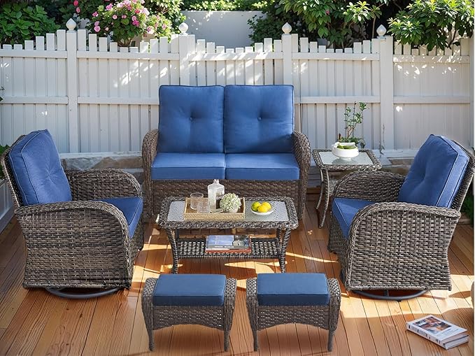 HUMMUH Patio Furniture 7-Piece PE Wicker Outdoor Conversation Set,All-Weather Rattan Swivel Chairs with Ottomans Glider Loveseat for Backyard,Poolside,Deck