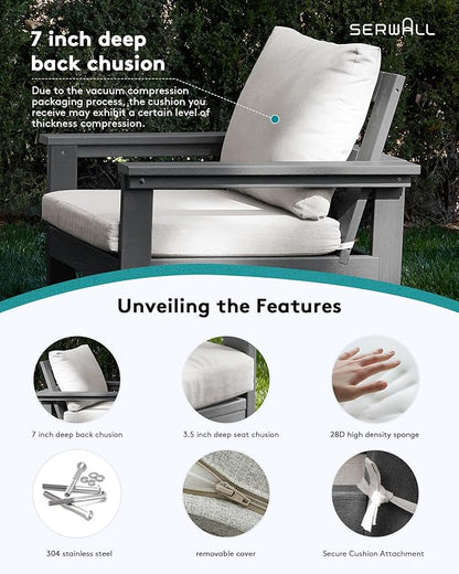 SERWALL HDPE Patio Furniture Set with 15FT Double Side Patio Umbrella, 7-Piece Outdoor Modular Sectional Sofa Set, All Weather Patio Couch Set for Deck, Lawn, Gray & Beige（Umbreall Base not Included）