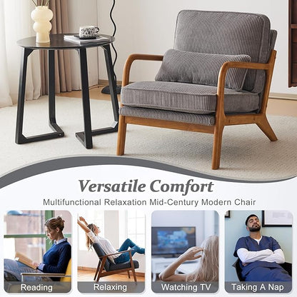VINGLI Upgraded Premium Corduroy Accent Chairs Set of 2,Upholstered Arm Chair,Solid Wood Comfy Reading Chair with Lumbar Pillow, Mid Century Modern Chairs for Living Room,Bedroom,Light Grey