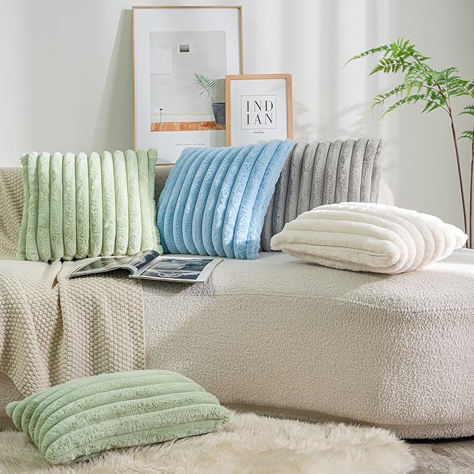 DEELAND Pack of 2,Double-Sided Faux Fur Plush Decorative Throw Pillow Covers Fuzzy Striped Soft Pillowcase Cushion Covers for Sofa Couch Bedroom Lightgrey 22x22 inch