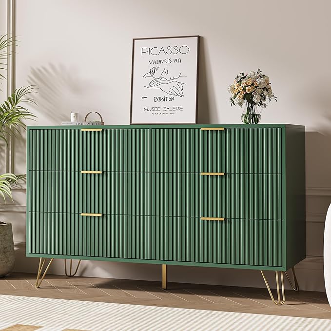 Green Dresser for Bedroom, Modern Dresser with Gold Metal Handles & Chests of Drawers, Wood Chest of Drawers for Bedroom