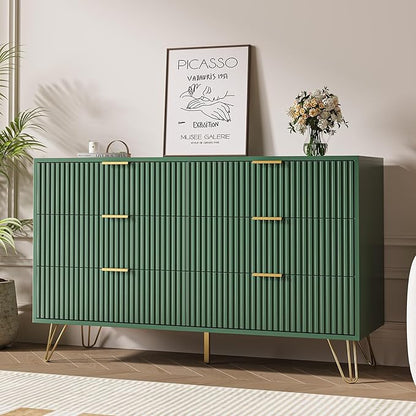 Green Dresser for Bedroom, Modern Dresser with Gold Metal Handles & Chests of Drawers, Wood Chest of Drawers for Bedroom