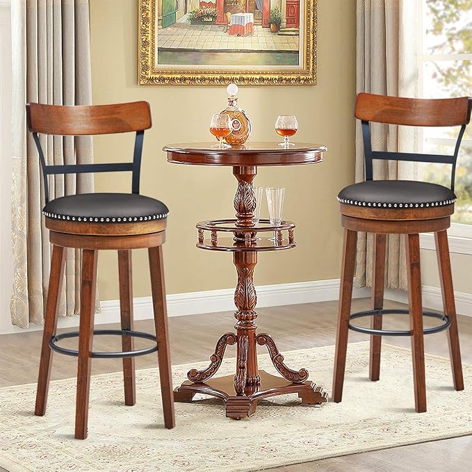 COSTWAY Bar Stools Set of 2, 360-Degree Swivel Stools with Leather Padded Seat, Single Slat Ladder Back & Solid Rubber Wood Legs, Bar Height Stools for Pub, Restaurant, Kitchen, Brown (2, 30.5)