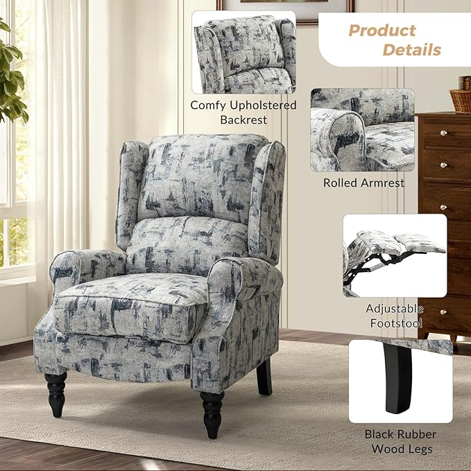 HULALA HOME Upholstered Wingback Recliner Chair, Small Adjustable Footrest Push Back Single Reclining Sofa, Mid Century Modern Lounge Armchair for Living Room, Bedroom, Reading/Grey