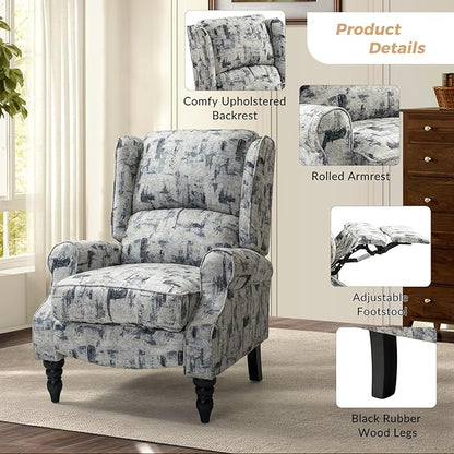 HULALA HOME Upholstered Wingback Recliner Chair, Small Adjustable Footrest Push Back Single Reclining Sofa, Mid Century Modern Lounge Armchair for Living Room, Bedroom, Reading/Grey