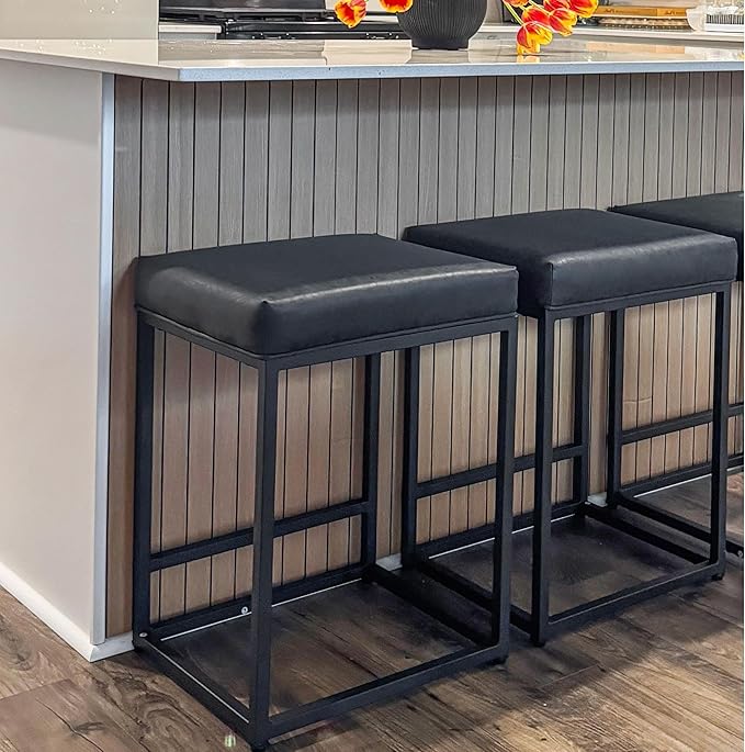 ALPHA HOME 24 Inch Counter Height Bar Stools Set of 2, Upholstered Bar Stools for Kitchen Island, Counter Stools with Faux Leather Cushion and Sturdy Metal Frame, Modern Barstools, Black
