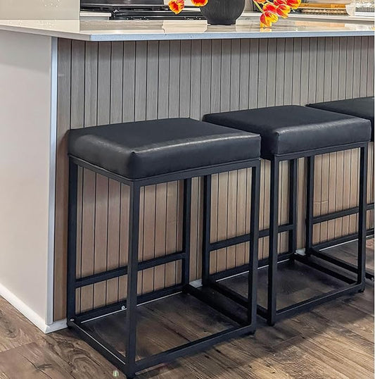 ALPHA HOME 24 Inch Counter Height Bar Stools Set of 2, Upholstered Bar Stools for Kitchen Island, Counter Stools with Faux Leather Cushion and Sturdy Metal Frame, Modern Barstools, Black