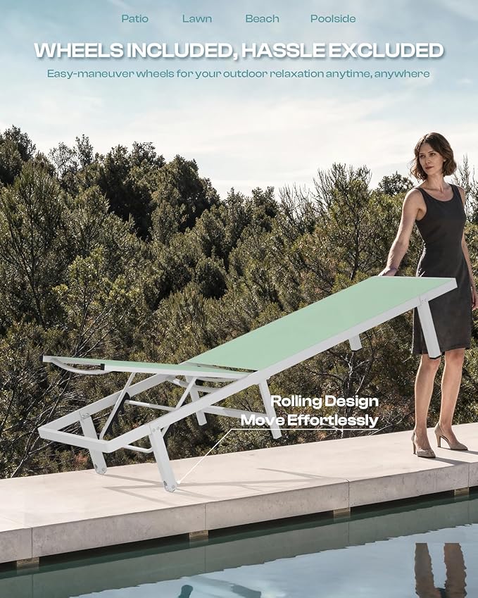 Pool Lounge Chairs Set of 2，Outdoor Lounge Chairs with Wheels and 5-Position Recliner -Easy to Move- Aluminum Patio Lounge Chair for Poolside, Deck (LightGreen)