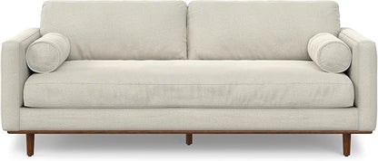 SIMPLIHOME Morrison 89-inch Wide Sofa in Cream White Woven-Blend Fabric, Handcrafted Mid-Century Modern Couch for Living Room or Family Room, Single Bench Cushion, Bolster Pillows