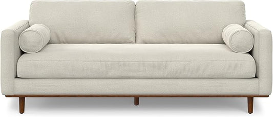 SIMPLIHOME Morrison 89-inch Wide Sofa in Cream White Woven-Blend Fabric, Handcrafted Mid-Century Modern Couch for Living Room or Family Room, Single Bench Cushion, Bolster Pillows