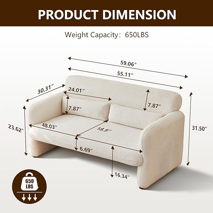 59" W Upgrade Lambswool Fabric Loveseat Sofa, Modern Love seat Couch, Solid and Easy to Install, Upholstered 2-Seater Couch for Bedroom, Apartment, Living Room
