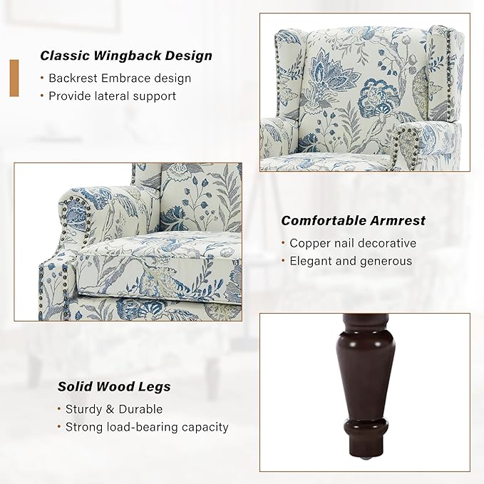 Floral Wingback Accent Chair, High Back Upholstered Armchair, Comfy Fabric Wingback Arms Chairs with Retro Solid Wood Legs, Single Sofa Reading Chair for Bedroom Living Room, Plants Blue