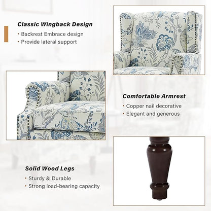 Floral Wingback Accent Chair, High Back Upholstered Armchair, Comfy Fabric Wingback Arms Chairs with Retro Solid Wood Legs, Single Sofa Reading Chair for Bedroom Living Room, Plants Blue