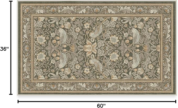 RUGGABLE x Morris & Co Machine Washable Area Rug – Strawberry Thief Stone Gold 3x5, Stain-Resistant, Non-Slip – Small Rugs for Living Room, Bedroom, Hallway, Entryway & Office–with Cushioned Pad
