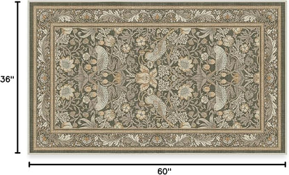 RUGGABLE x Morris & Co Washable Area Rug– Strawberry Thief Stone Gold 3x5, Stain-Resistant, Non-Slip–Small Machine Washable Rugs for Living Room, Bedroom, Hallway, Entryway & Office–with Standard Pad