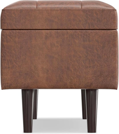 SIMPLIHOME Shay 48 inch Wide Mid Century Modern Rectangular Storage Ottoman in Distressed Saddle Brown Vegan Faux Leather, Assembled, For the Living Room, Entryway and Family Room
